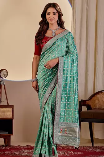 sea green embroidery with thread and sequence vichitra silk saree with blouse