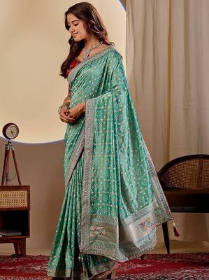 sea green embroidery with thread and sequence vichitra silk saree with blouse 4