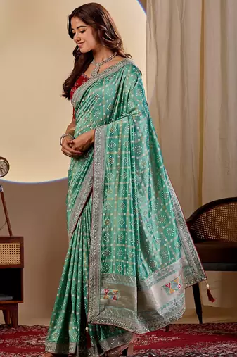 sea green embroidery with thread and sequence vichitra silk saree with blouse