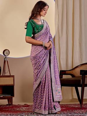 lavender embroidery with thread and sequence vichitra silk saree with blouse 2