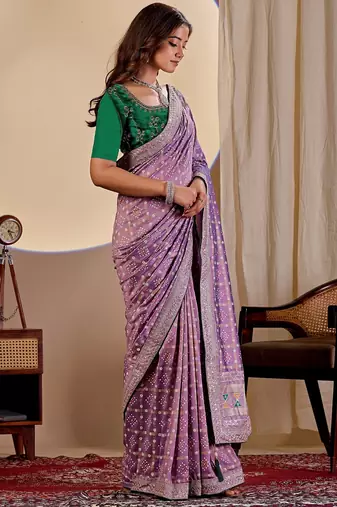 lavender embroidery with thread and sequence vichitra silk saree with blouse