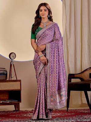 lavender embroidery with thread and sequence vichitra silk saree with blouse 3