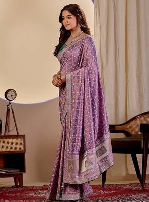 lavender embroidery with thread and sequence vichitra silk saree with blouse 4