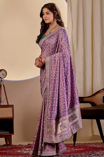 lavender embroidery with thread and sequence vichitra silk saree with blouse