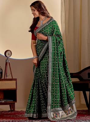 dark green embroidery with thread and sequence vichitra silk saree with blouse 1