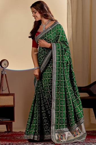 dark green embroidery with thread and sequence vichitra silk saree with blouse