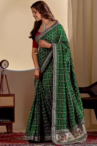 dark green embroidery with thread and sequence vichitra silk saree with blouse
