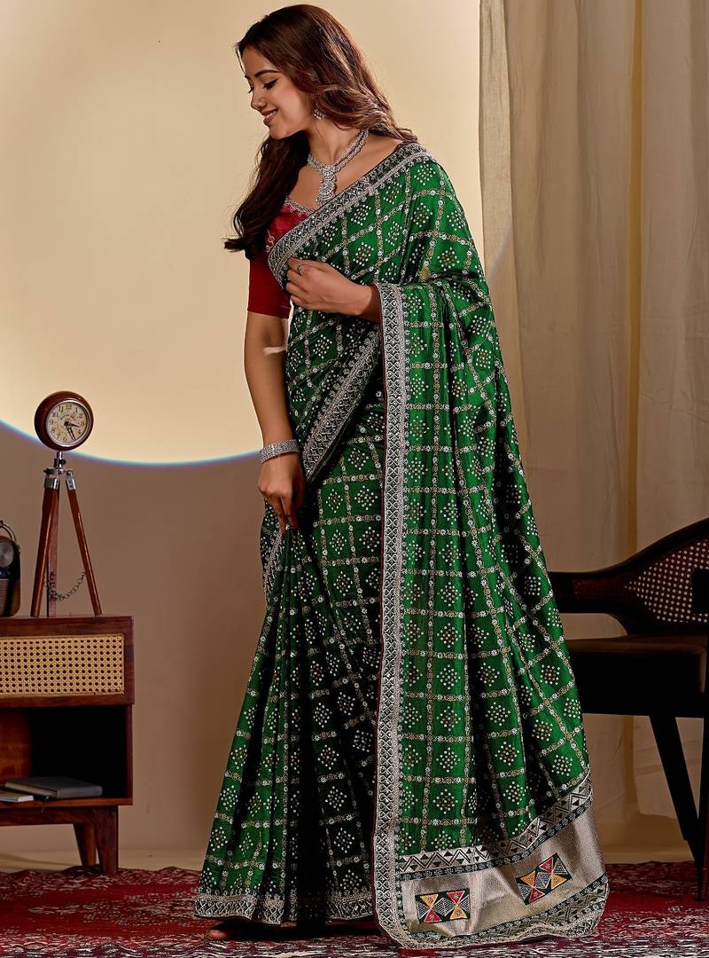 dark green embroidery with thread and sequence vichitra silk saree with blouse
