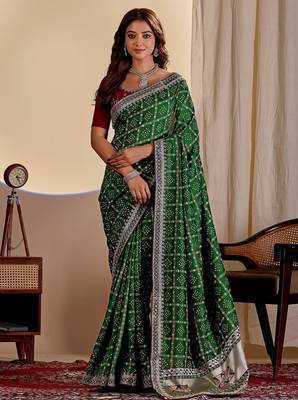 dark green embroidery with thread and sequence vichitra silk saree with blouse 2