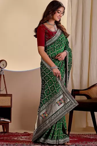 dark green embroidery with thread and sequence vichitra silk saree with blouse