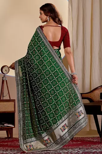 dark green embroidery with thread and sequence vichitra silk saree with blouse