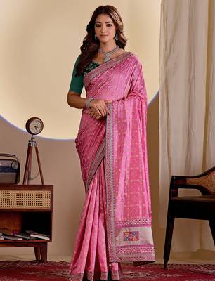 pink embroidery with thread and sequence vichitra silk saree with blouse 2