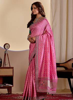 pink embroidery with thread and sequence vichitra silk saree with blouse 3