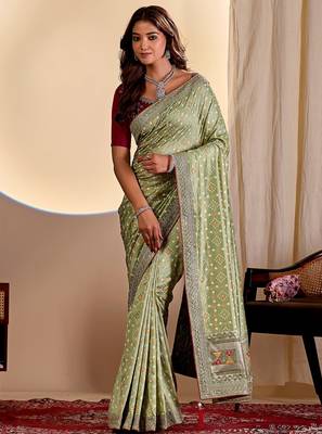 light green embroidery with thread and sequence vichitra silk saree with blouse 2