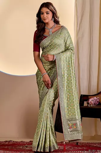 light green embroidery with thread and sequence vichitra silk saree with blouse