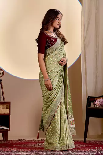light green embroidery with thread and sequence vichitra silk saree with blouse