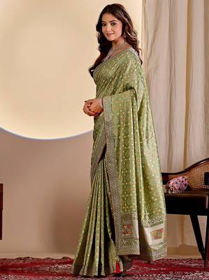 light green embroidery with thread and sequence vichitra silk saree with blouse 4