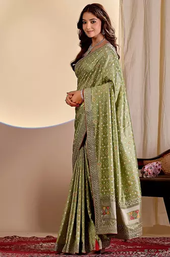 light green embroidery with thread and sequence vichitra silk saree with blouse