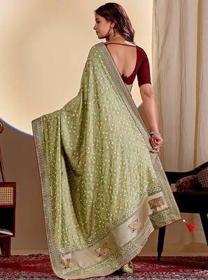 light green embroidery with thread and sequence vichitra silk saree with blouse 5