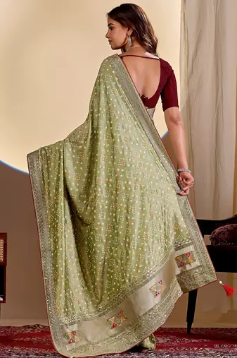 light green embroidery with thread and sequence vichitra silk saree with blouse