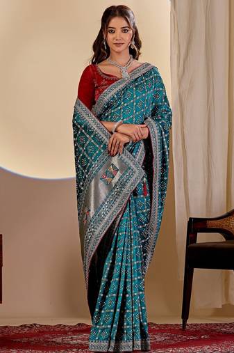 blue embroidery with thread and sequence vichitra silk saree with blouse