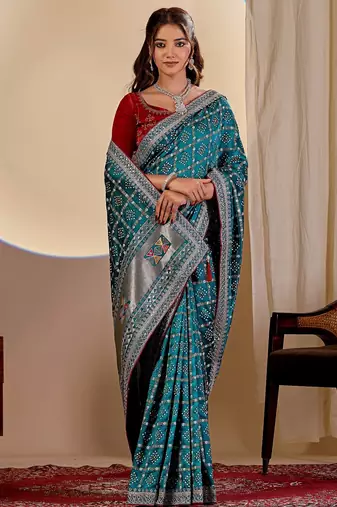 blue embroidery with thread and sequence vichitra silk saree with blouse