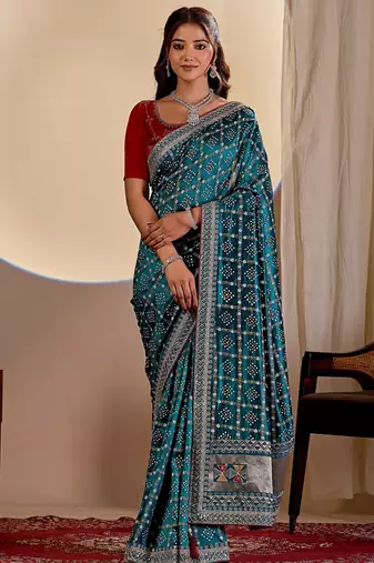 blue embroidery with thread and sequence vichitra silk saree with blouse