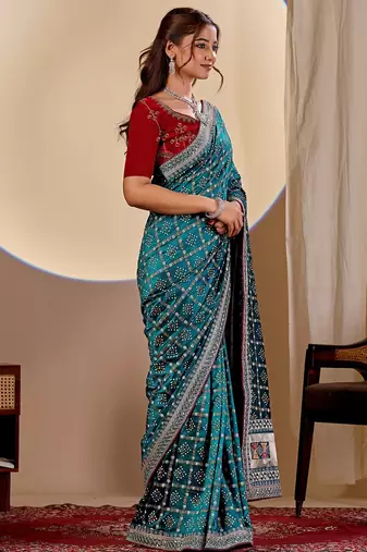 blue embroidery with thread and sequence vichitra silk saree with blouse