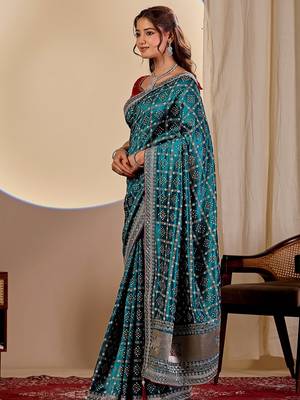blue embroidery with thread and sequence vichitra silk saree with blouse 4