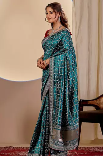 blue embroidery with thread and sequence vichitra silk saree with blouse