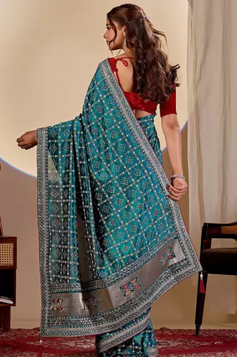 blue embroidery with thread and sequence vichitra silk saree with blouse