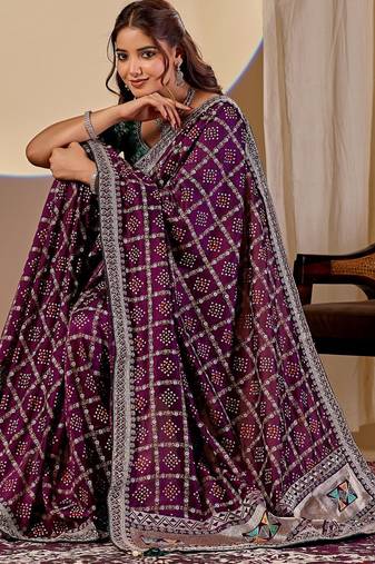 wine embroidery with thread and sequence vichitra silk saree with blouse