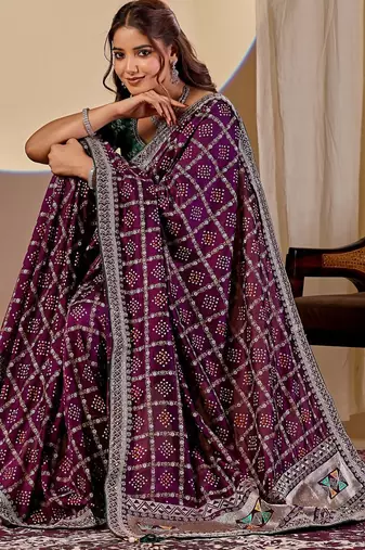 wine embroidery with thread and sequence vichitra silk saree with blouse