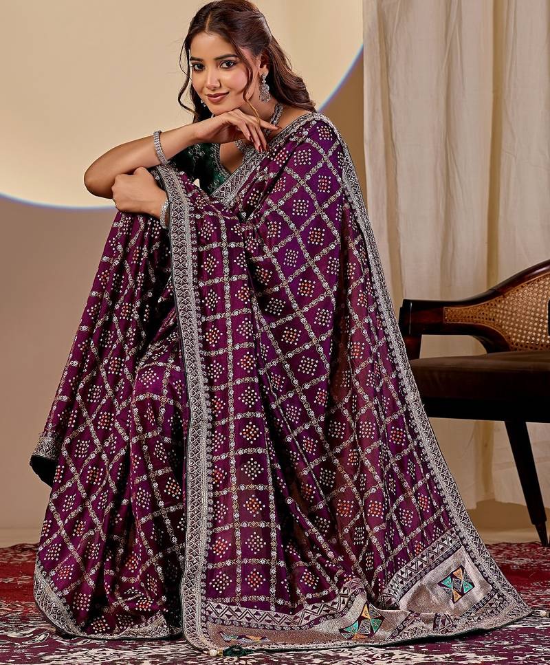 wine embroidery with thread and sequence vichitra silk saree with blouse