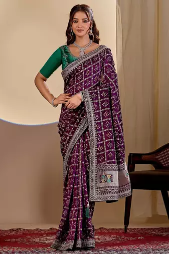 wine embroidery with thread and sequence vichitra silk saree with blouse