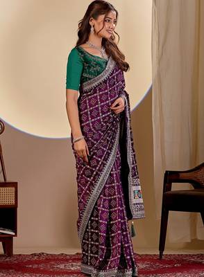 wine embroidery with thread and sequence vichitra silk saree with blouse 3
