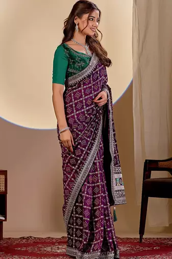 wine embroidery with thread and sequence vichitra silk saree with blouse