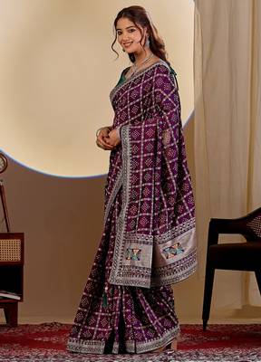 wine embroidery with thread and sequence vichitra silk saree with blouse 4