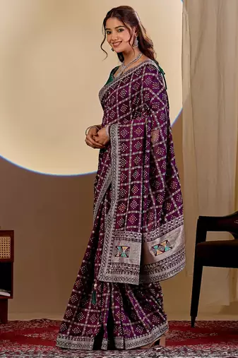 wine embroidery with thread and sequence vichitra silk saree with blouse