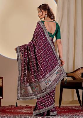 wine embroidery with thread and sequence vichitra silk saree with blouse 5
