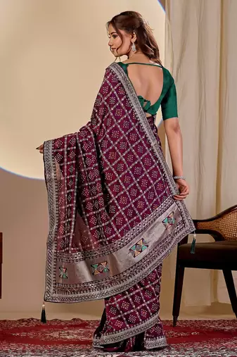 wine embroidery with thread and sequence vichitra silk saree with blouse