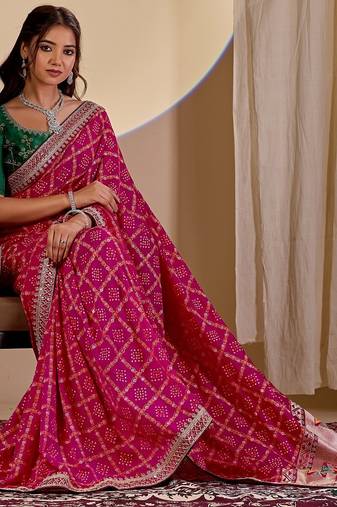 rani pink embroidery with thread and sequence vichitra silk saree with blouse