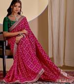 rani pink embroidery with thread and sequence vichitra silk saree with blouse