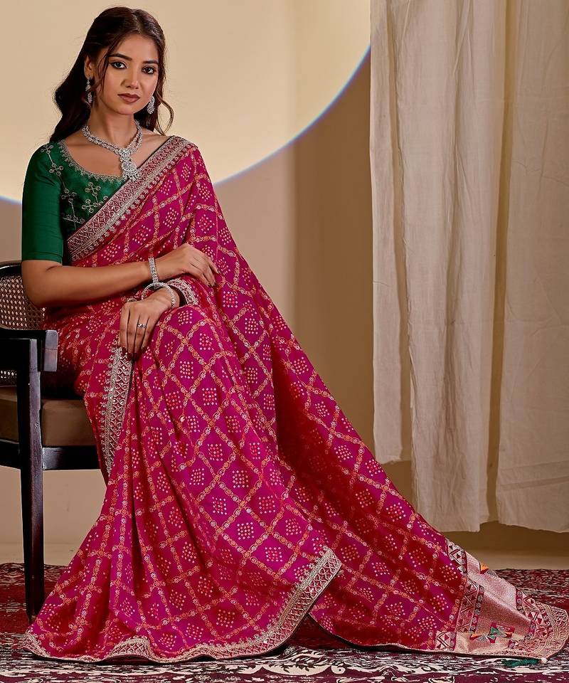 rani pink embroidery with thread and sequence vichitra silk saree with blouse