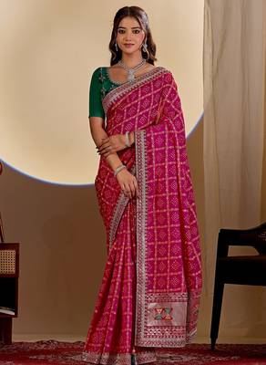 rani pink embroidery with thread and sequence vichitra silk saree with blouse 2