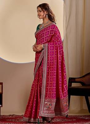 rani pink embroidery with thread and sequence vichitra silk saree with blouse 4