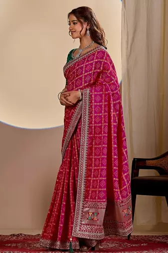 rani pink embroidery with thread and sequence vichitra silk saree with blouse