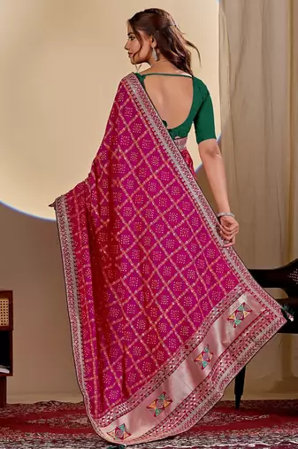 rani pink embroidery with thread and sequence vichitra silk saree with blouse