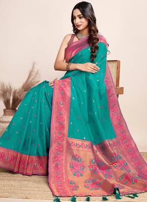 Rama green zari work jacquard saree with blouse 1