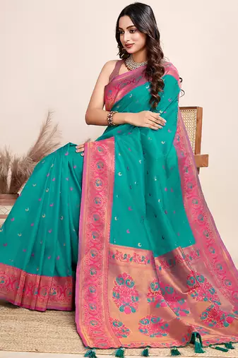 Rama green zari work jacquard saree with blouse